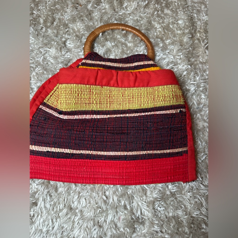 Colorful Woven Women's Bag with Wooden Handle